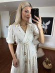 Katya Flok Çiçekli Kruvaze Keten Elbise Siyah 0305166