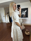 Katya Flok Çiçekli Kruvaze Keten Elbise Siyah 0305166