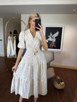 Katya Flok Çiçekli Kruvaze Keten Elbise Pembe  0305166