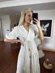 Katya Flok Çiçekli Kruvaze Keten Elbise Siyah 0305166