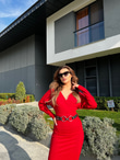 Kemerli V Yaka Triko Kalem Elbise Kırmızı