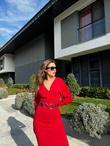Kemerli V Yaka Triko Kalem Elbise Kırmızı