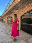 Kolları İşlemeli Keten Elbise Fuşya070621139