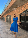 Kolları İşlemeli Keten Elbise Saks 070621139