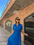 Kolları İşlemeli Keten Elbise Saks 070621139