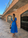 Kolları İşlemeli Keten Elbise Saks 070621139