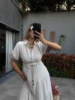 Kolları İşlemeli Keten Elbise Taş070621139