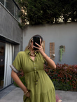 Kolları İşlemeli Keten Elbise Yeşil070621139