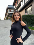 Omuz Taşlı Siyah Kalem Triko Elbise 9574