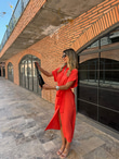 Orjinal Marka Turuncu Midi Kuşaklı Elbise  070621108