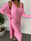 Pembe Elbise Hırka Triko Takım