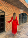 Rapunzel Dantel Detay Kemerli Şifon Elbise Kırmızı 1707343