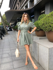 Su Yeşili Deri Kemerli Elbise