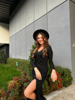 V Yaka Siyah Basic Yırtmaçlı Elbise 5264