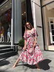 Valon Kol Pembe Çiçek Desen Elbise