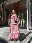 Valon Kol Pembe Çiçek Desen Elbise