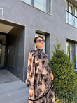 Vatkalı Flok Baskı Şifon Elbise Camel  1707408