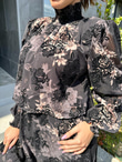 Vatkalı Flok Baskı Şifon Elbise Siyah 1707408
