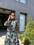 Vatkalı Flok Baskı Şifon Elbise Yeşil  1707408