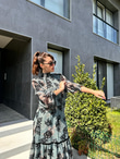 Vatkalı Flok Baskı Şifon Elbise Yeşil  1707408