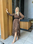 Volanlı Leopar Kemerli Elbise