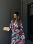 Zenya Pastel Begonya Desen Viskon Elbise Civit Mavisi1707308