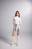 Aksesuarlı Ekose Desenli Mini Odin Şort Etek Bej