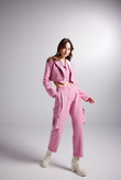 Çıkarılabilir Gömlek Yakası Detaylı Çizgili Crop Kira Blazer Ceket Pembe