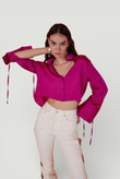 Özel Dokulu Saten Crop Silky Gömlek Pembe