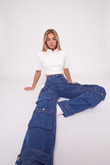 Yüksek Bel Wide Leg  Cargo Jean Pantolon Mavi