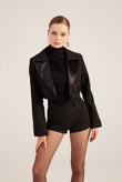 Yakası Saten Detaylı Camila Crop Blazer Ceket Siyah