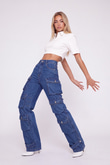 Yüksek Bel Wide Leg  Cargo Jean Pantolon Mavi