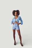 Crop Model Bağlamalı Kol Detaylı Elsa Bluz Mavi