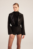 Yakası Saten Detaylı Camila Crop Blazer Ceket Siyah