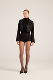 Yakası Saten Detaylı Camila Crop Blazer Ceket Siyah
