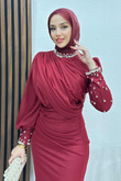 Birsen Taşlı Tül Abiye Bordo