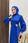 Gül Broş Saten Abiye Gece Mavi