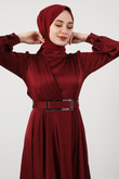 Önü Pileli Tesettür Abiye Bordo