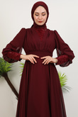 Roza Detay Şifon Elbise Bordo