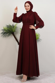 Roza Detay Şifon Elbise Bordo
