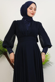Roza Detay Şifon Elbise Lacivert