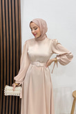 Saten Kemerli Elbise Gold