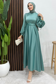 Saten Kemerli Elbise Mint