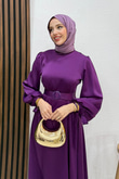 Saten Kemerli Elbise Mor