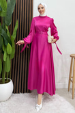 Saten Kemerli Elbise Pembe