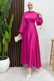 Saten Kemerli Elbise Pembe
