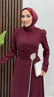 Şerit Taş Krep Abiye Koyu Bordo