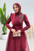 Taşlı Organze Abiye Bordo