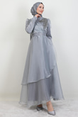 Taşlı Organze Abiye Gri