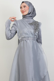 Taşlı Organze Abiye Gri